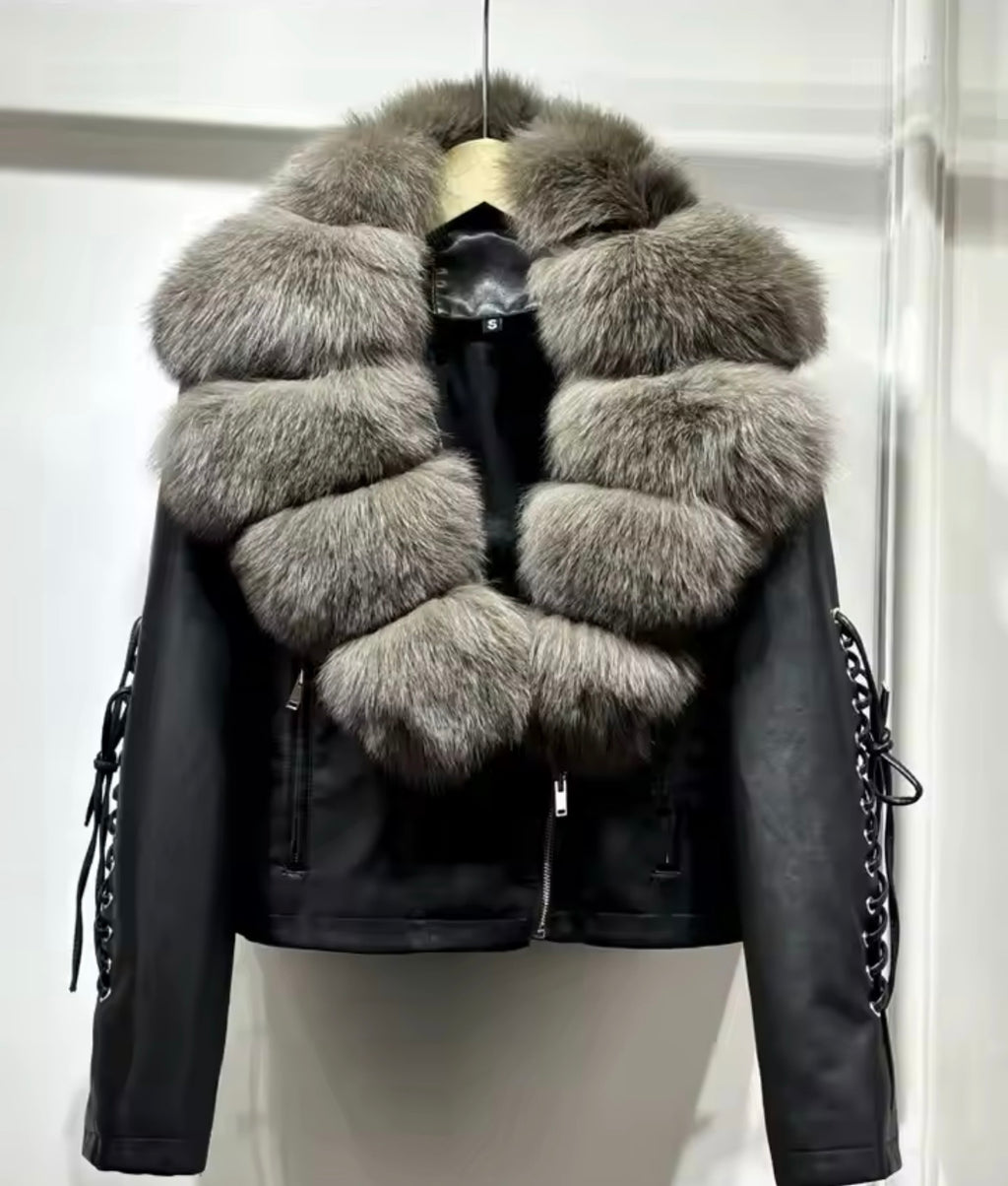 NATURAL FUR PU LEATHER JACKET