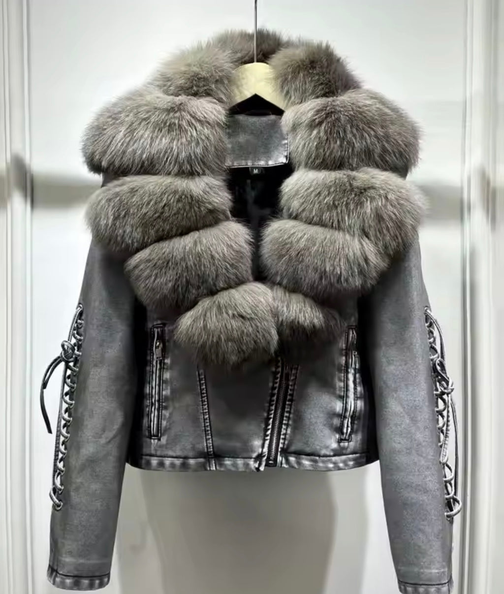 NATURAL FUR PU LEATHER JACKET