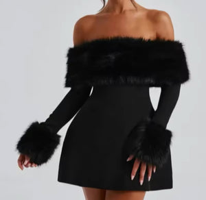 FAUX FUR BLACK MINI DRESS