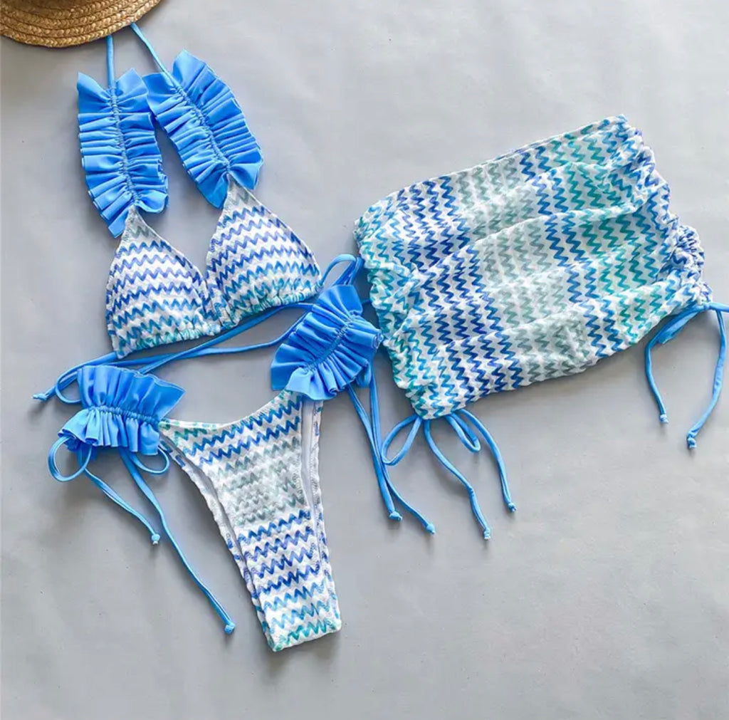 RUFFLE 3 PC BIKINI - BLUE